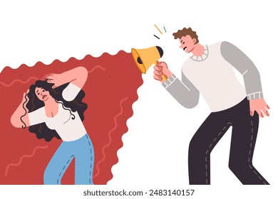 Domestic violence among married couple, with man shouting at unhappy woman through megaphone. Problem of domestic violence and psychological pressure on girls who need protection from tyrant husbands