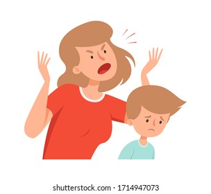 Domestic Violence. Angry Mother, Sad Boy. Bullying And Abusing Behavior. Woman Scream On Son Vector Illustration