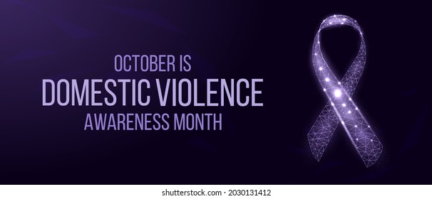 Domestic Violence Awareness Month concept.  Banner template with glowing low poly purple ribbon. Futuristic modern abstract background. Vector illustration.