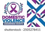 Domestic Violence Awareness Month in October. Celebrate annual in United States. Awareness purple ribbon. Day of Unity. Prevention campaign. Stop women abuse. Poster, banner and background. Vector