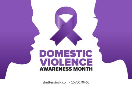 Domestic Violence Awareness Month in October. Celebrate annual in United States. Awareness purple ribbon. Day of Unity. Prevention campaign. Stop women abuse. Poster, banner and background. Vector