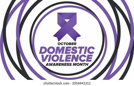 Domestic Violence Awareness Month in October. Celebrate annual in United States. Awareness purple ribbon. Day of Unity. Prevention campaign. Stop women abuse. Poster, banner and background. Vector