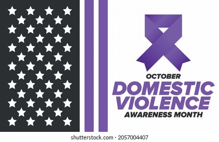 Domestic Violence Awareness Month in October. Celebrate annual in United States. Awareness purple ribbon. Day of Unity. Prevention campaign. Stop women abuse. Poster, banner and background. Vector