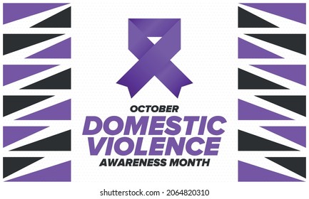 Domestic Violence Awareness Month in October. Celebrate annual in United States. Awareness purple ribbon. Day of Unity. Prevention campaign. Stop women abuse. Poster, banner and background. Vector