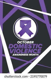 Domestic Violence Awareness Month in October. Celebrate annual in United States. Awareness purple ribbon. Day of Unity. Prevention campaign. Stop women abuse. Poster, banner and background. Vector