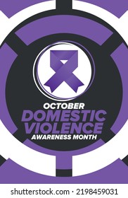 Domestic Violence Awareness Month in October. Celebrate annual in United States. Awareness purple ribbon. Day of Unity. Prevention campaign. Stop women abuse. Poster, banner and background. Vector