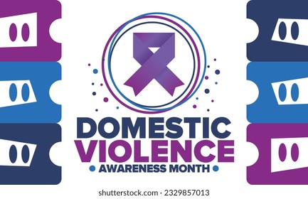 Domestic Violence Awareness Month in October. Celebrate annual in United States. Awareness purple ribbon. Day of Unity. Prevention campaign. Stop women abuse. Poster, banner and background. Vector