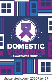 Domestic Violence Awareness Month in October. Celebrate annual in United States. Awareness purple ribbon. Day of Unity. Prevention campaign. Stop women abuse. Poster, banner and background. Vector