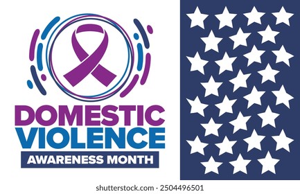 Domestic Violence Awareness Month in October. Celebrate annual in United States. Awareness purple ribbon. Day of Unity. Prevention campaign. Stop women abuse. Poster, banner and background. Vector