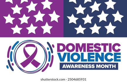 Domestic Violence Awareness Month in October. Celebrate annual in United States. Awareness purple ribbon. Day of Unity. Prevention campaign. Stop women abuse. Poster, banner and background. Vector