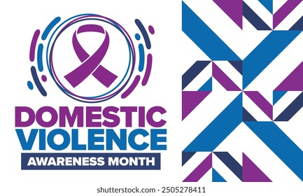 Domestic Violence Awareness Month in October. Celebrate annual in United States. Awareness purple ribbon. Day of Unity. Prevention campaign. Stop women abuse. Poster, banner and background. Vector