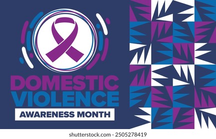 Domestic Violence Awareness Month in October. Celebrate annual in United States. Awareness purple ribbon. Day of Unity. Prevention campaign. Stop women abuse. Poster, banner and background. Vector