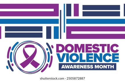 Domestic Violence Awareness Month in October. Celebrate annual in United States. Awareness purple ribbon. Day of Unity. Prevention campaign. Stop women abuse. Poster, banner and background. Vector
