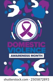 Domestic Violence Awareness Month in October. Celebrate annual in United States. Awareness purple ribbon. Day of Unity. Prevention campaign. Stop women abuse. Poster, banner and background. Vector