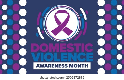 Domestic Violence Awareness Month in October. Celebrate annual in United States. Awareness purple ribbon. Day of Unity. Prevention campaign. Stop women abuse. Poster, banner and background. Vector