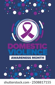 Domestic Violence Awareness Month in October. Celebrate annual in United States. Awareness purple ribbon. Day of Unity. Prevention campaign. Stop women abuse. Poster, banner and background. Vector