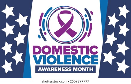 Domestic Violence Awareness Month in October. Celebrate annual in United States. Awareness purple ribbon. Day of Unity. Prevention campaign. Stop women abuse. Poster, banner and background. Vector