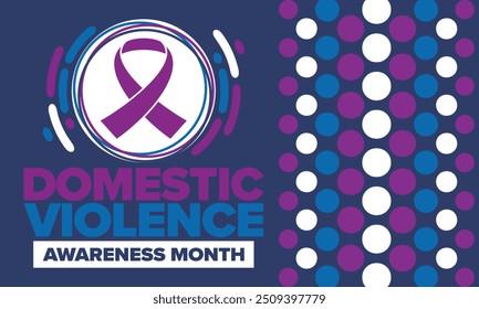 Domestic Violence Awareness Month in October. Celebrate annual in United States. Awareness purple ribbon. Day of Unity. Prevention campaign. Stop women abuse. Poster, banner and background. Vector