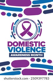 Domestic Violence Awareness Month in October. Celebrate annual in United States. Awareness purple ribbon. Day of Unity. Prevention campaign. Stop women abuse. Poster, banner and background. Vector