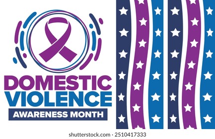 Domestic Violence Awareness Month in October. Celebrate annual in United States. Awareness purple ribbon. Day of Unity. Prevention campaign. Stop women abuse. Poster, banner and background. Vector