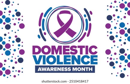 Domestic Violence Awareness Month in October. Celebrate annual in United States. Awareness purple ribbon. Day of Unity. Prevention campaign. Stop women abuse. Poster, banner and background. Vector