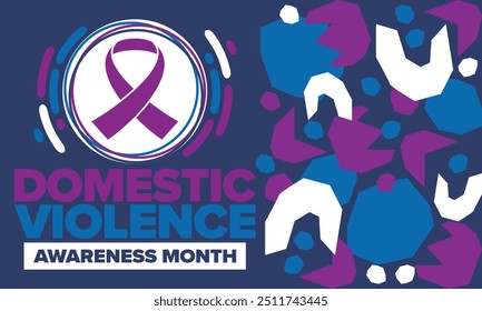 Domestic Violence Awareness Month in October. Celebrate annual in United States. Awareness purple ribbon. Day of Unity. Prevention campaign. Stop women abuse. Poster, banner and background. Vector