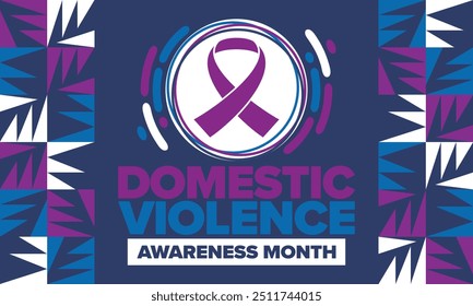 Domestic Violence Awareness Month in October. Celebrate annual in United States. Awareness purple ribbon. Day of Unity. Prevention campaign. Stop women abuse. Poster, banner and background. Vector