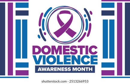 Domestic Violence Awareness Month in October. Celebrate annual in United States. Awareness purple ribbon. Day of Unity. Prevention campaign. Stop women abuse. Poster, banner and background. Vector