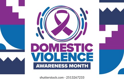 Domestic Violence Awareness Month in October. Celebrate annual in United States. Awareness purple ribbon. Day of Unity. Prevention campaign. Stop women abuse. Poster, banner and background. Vector