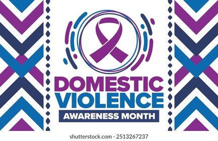 Domestic Violence Awareness Month in October. Celebrate annual in United States. Awareness purple ribbon. Day of Unity. Prevention campaign. Stop women abuse. Poster, banner and background. Vector