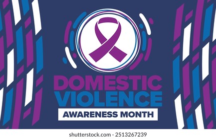 Domestic Violence Awareness Month in October. Celebrate annual in United States. Awareness purple ribbon. Day of Unity. Prevention campaign. Stop women abuse. Poster, banner and background. Vector