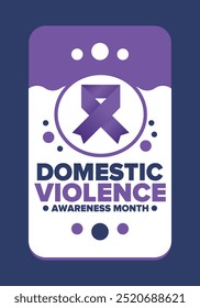 Domestic Violence Awareness Month in October. Celebrate annual in United States. Awareness purple ribbon. Day of Unity. Prevention campaign. Stop women abuse. Poster, banner and background. Vector