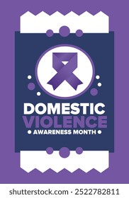 Domestic Violence Awareness Month in October. Celebrate annual in United States. Awareness purple ribbon. Day of Unity. Prevention campaign. Stop women abuse. Poster, banner and background. Vector
