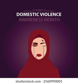 Domestic violence awareness month vector poster design, vector portrait of Injured Woman.