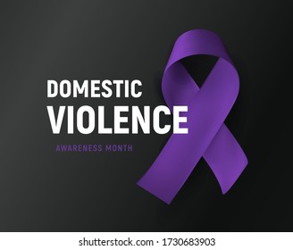 Domestic Violence Banner. Purple Ribbon Against Home Abuse Poster. Abused Victim Support Vector Illustration On Black Background.  