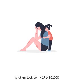 Domestic Violence, The Child Comforting Upset Mom. Daughter Hugs Sad Mother. Flat Vector Modern Cartoon Illustration.