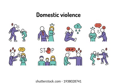 Domestic violence color line icons set. Harassment, social abuse and bullying. Signs for web page, mobile app, button, logo. Editable stroke.