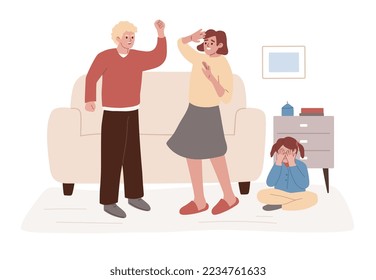 Domestic violence concept. Abusive relationship. Angry man is taking swing at the woman. Husband hitting wife in front of child. Parents arguing, yelling. Crying kid. Flat cartoon vector illustration.