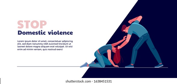 Domestic Violence concept. Drunk abusive husband punching and hitting frightened wife. Colorful vector illustration for web and printing.