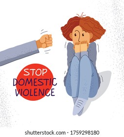 Domestic violence concept vector, clenched fist threats scared woman, psychological abuse, bad husband and wife victim, despotic mate, abusive relations.