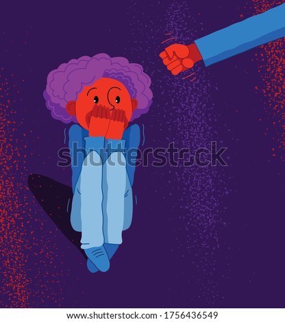 Domestic violence concept vector, clenched fist threats little kid scared boy, psychological abuse, bad parent son victim, despotic parents, abusive relations.