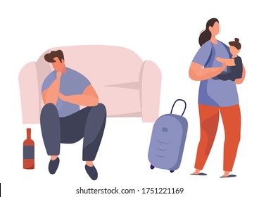 Domestic Violence and Drinking Addiction during Quarantine.Family Quarrel,Swear during Covid19 Pandemic Drunk Husband.Family had Scandal.Wife with Baby Left Drunk Husband.Flat Vector Illustration