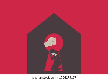 Domestic Violence During Isolation.Silhouette Of Male Fist Over Scared Woman Through House Keyhole. Concept Art Illustration For Coronavirus COVID-19 Quarantine.