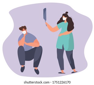 Domestic Violence during Quarantine.Family Quarrel,Swear during Covid19 Pandemic.Abusive Angry Wife Fighting Pan.Scandal in Medical Mask.Husband Depressing.Flat Vector Illustration