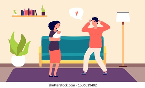 Domestic violence. Emotional abuse vector illustration. Angry man, female abused and newborn