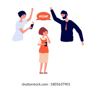Domestic violence. Family bullying on child, parents swear at kid. Girl crying, mom and dad scream. Adult aggressive behavior, social problems vector illustration
