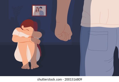 Domestic violence in family. Man beating up his wife. Woman in fear of domestic abuse concept. Flat cartoon vector illustration.