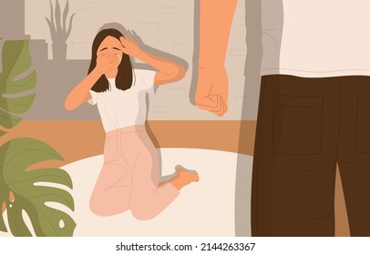 Violencia doméstica en la familia. Hombre golpeando a su esposa llorando, novia. Mujer con miedo al abuso doméstico. Disputa de pareja, divorcio, relaciones abusivas. Ilustración vectorial de dibujos animados planos