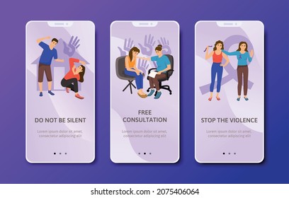 Domestic violence flat app design set of three vertical banners with images text and page switch vector illustration