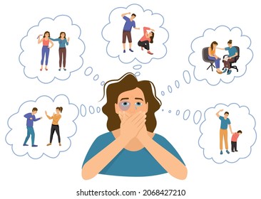 Domestic violence flat composition with character of battered woman surrounded by thought bubbles with crime scenes vector illustration